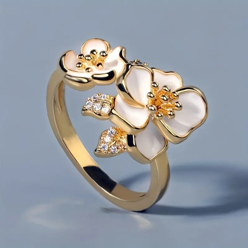Stylish White Enamel Flower Gold Ring