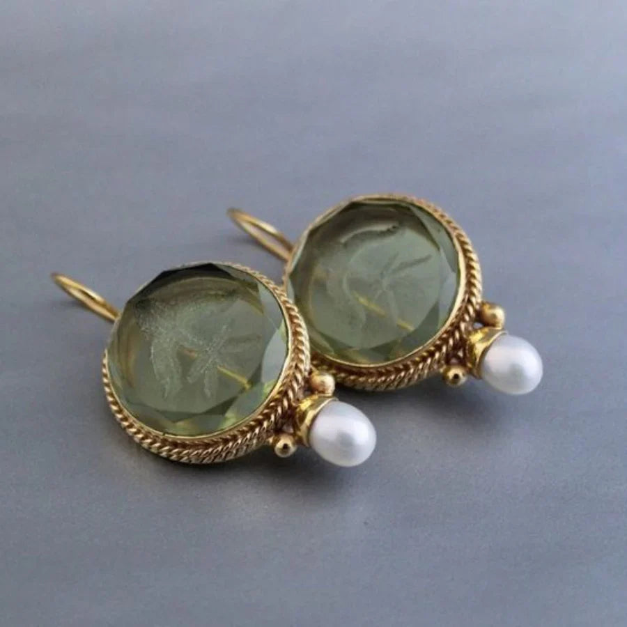 Elegant Rounded Green Stone Pearl Earrings
