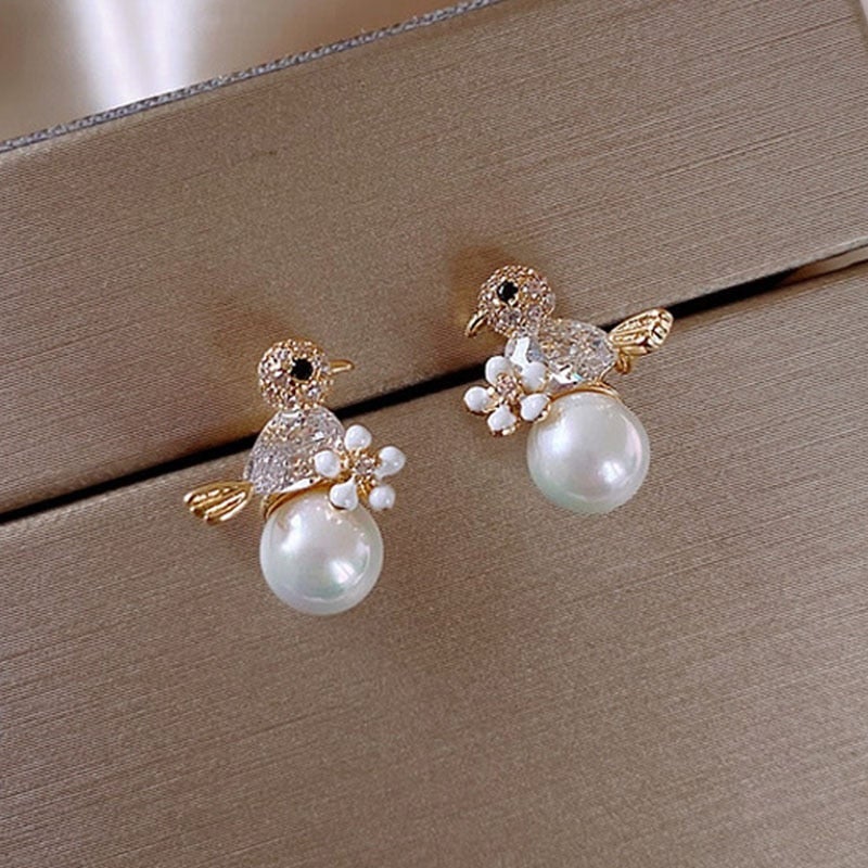 Classic Birdie Earrings in Cubic Zirconia and Pearl Inlay