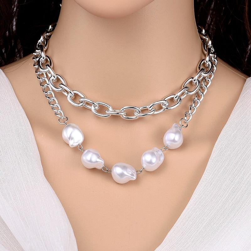 Modern Chained Silver Pearl Necklace