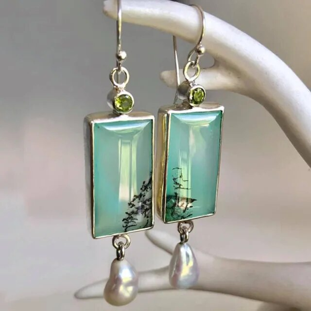 Trendy Turquoise Rectangular Pearl Earrings