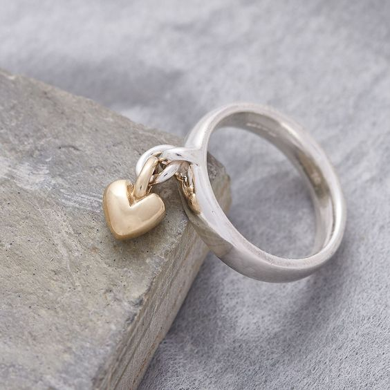 Modern Dangling Heart Silver Ring