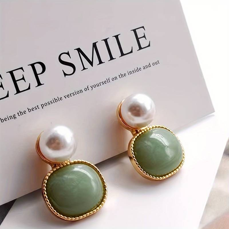 Timeless Inlaid Green Stone Pearl Earrings