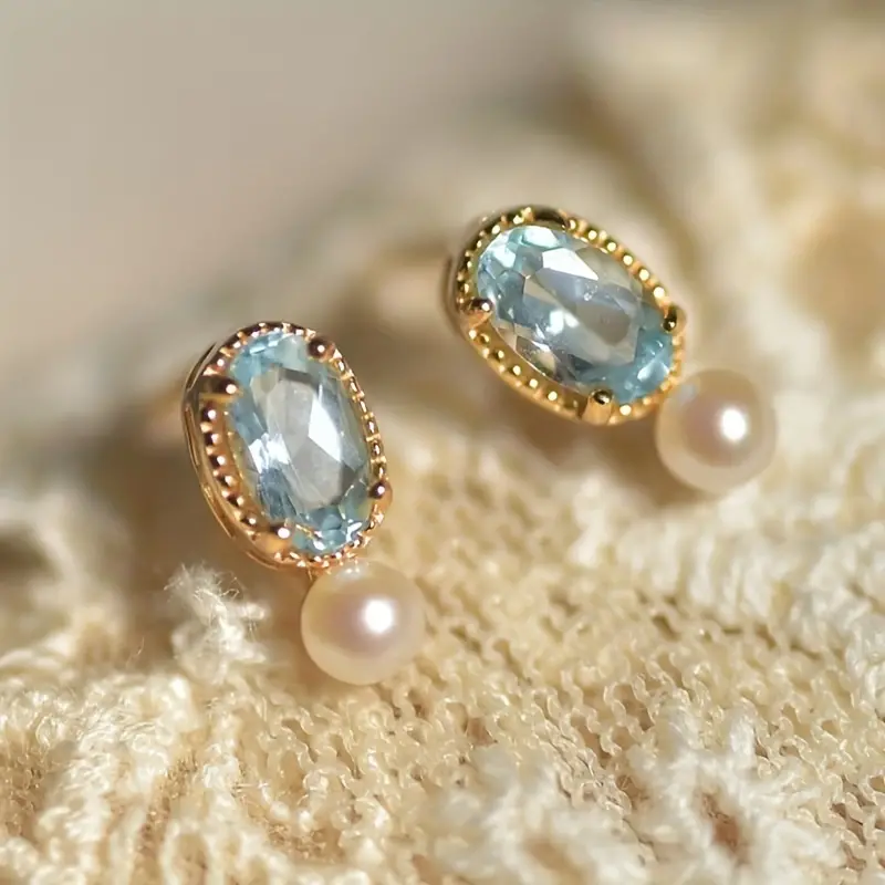 Classic Blue Crystal Pearl Gold Earrings