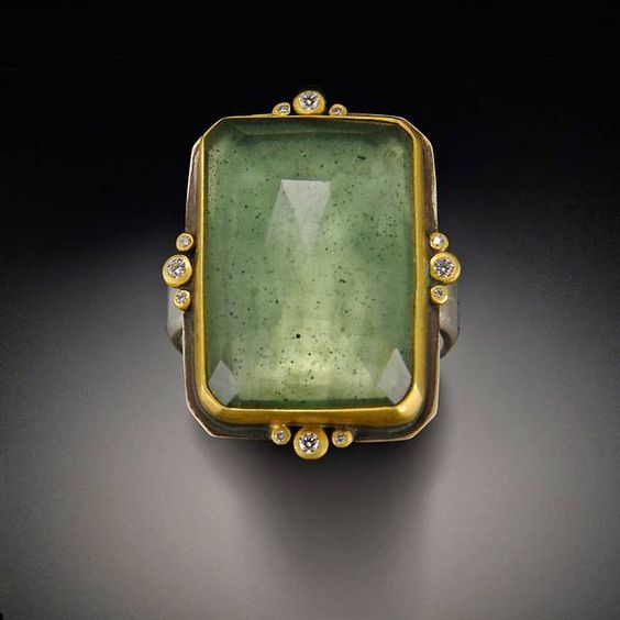 Rectangular Green Glass Gold Ring