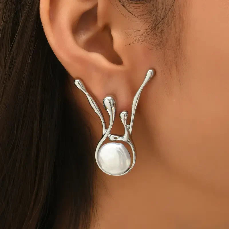 Sleek Irregular Silver Pearl Earrings