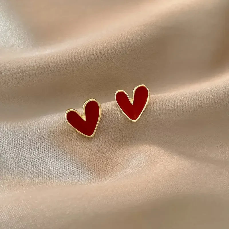 Classic Red Heart Gold Earrings