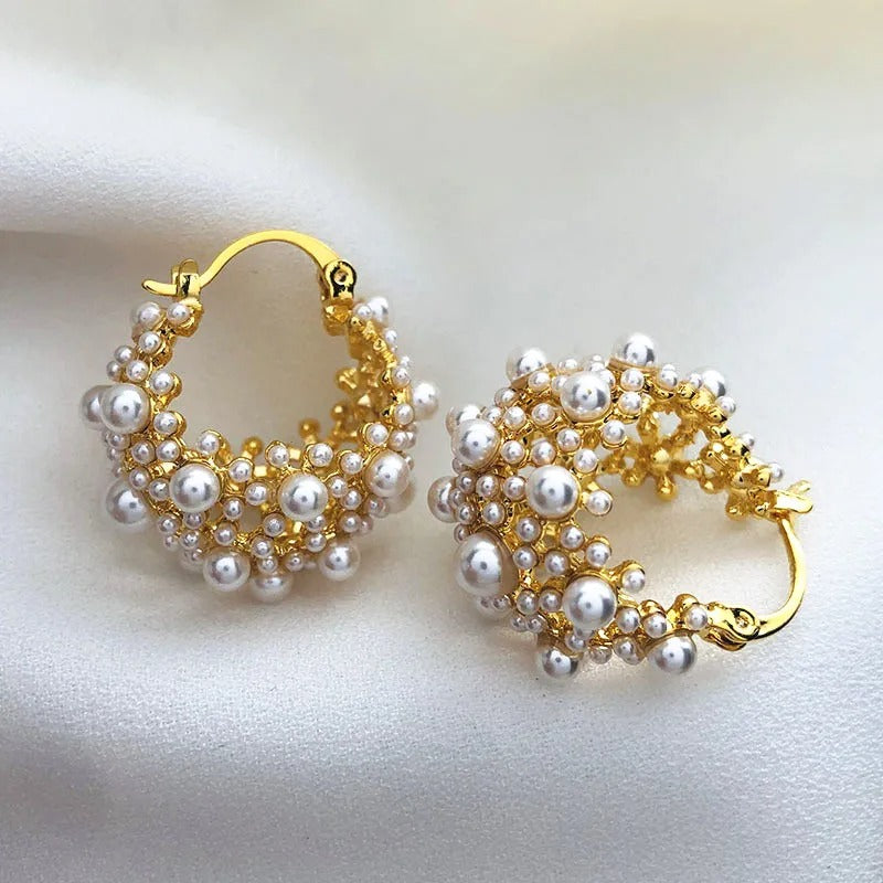 Elegant Pearl Cluster Hoop Earrings