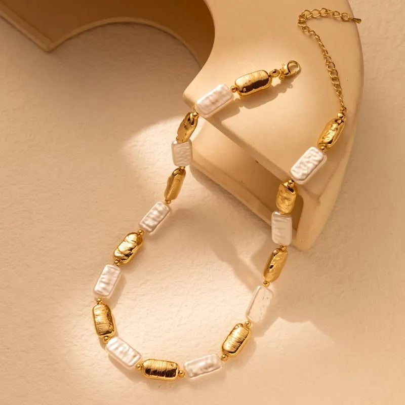 Rectangular Gold & White Bead Pearl Necklace