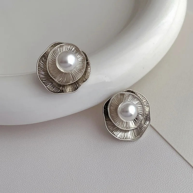 Minimalist Silver Petal Pearl Stud Earrings