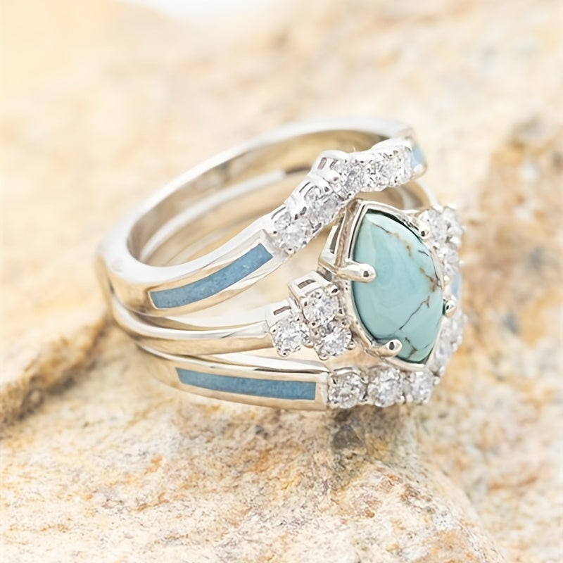 Fashionable Zirconia Oval Turquoise Ring Set