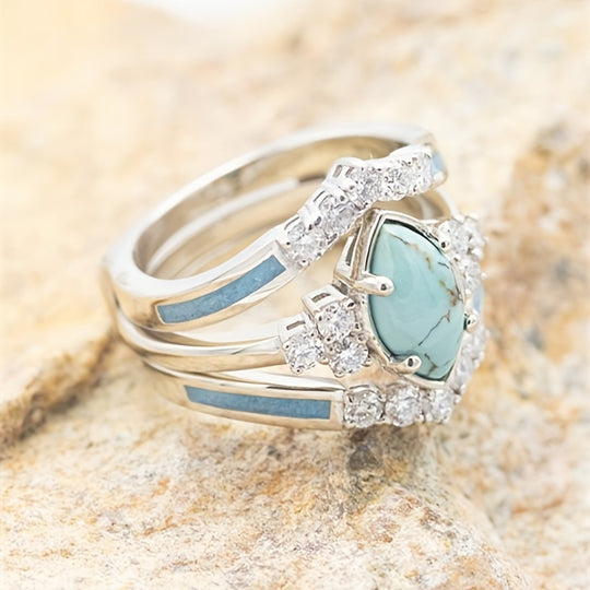 Fashionable Zirconia Oval Turquoise Ring Set