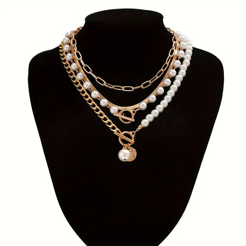 Trendy Pearl & Gold Chain Necklace Set