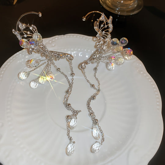 Elegant Crystal Flower & Tassel Ear Wrap