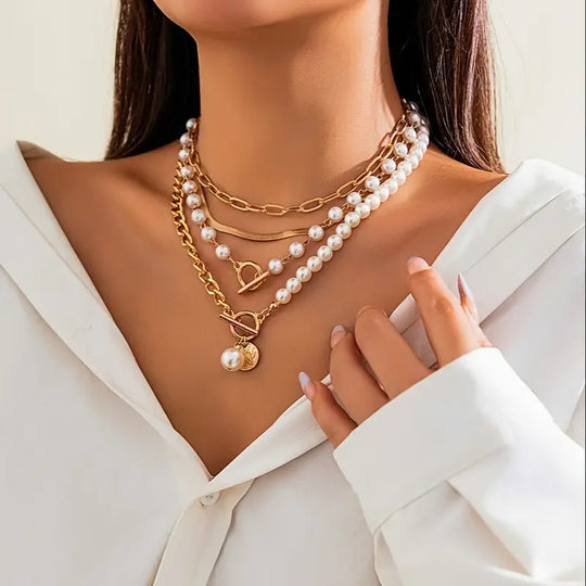 Trendy Pearl & Gold Chain Necklace Set