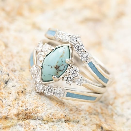 Fashionable Zirconia Oval Turquoise Ring Set