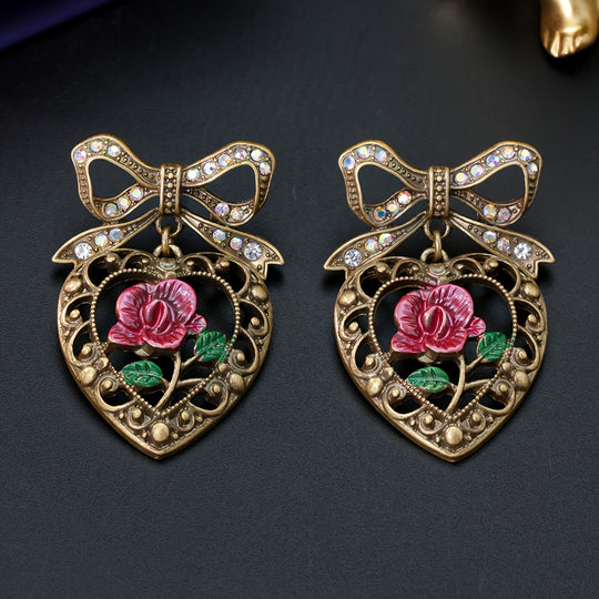Classic Heart & Rose Bowknot Earrings