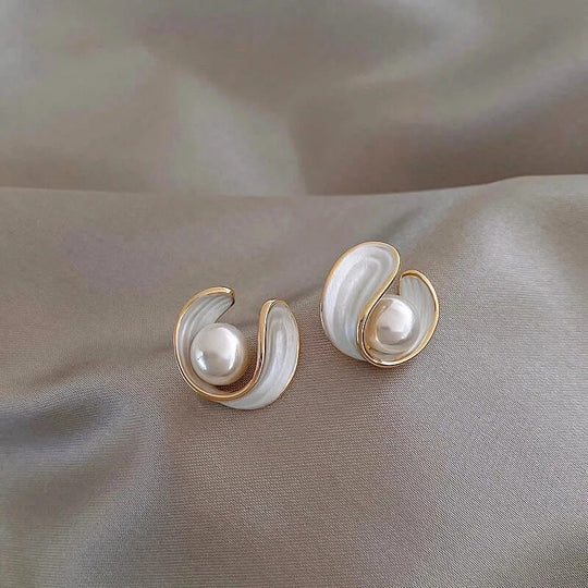Minimalist White Opal Earrings with Pearls in Gold