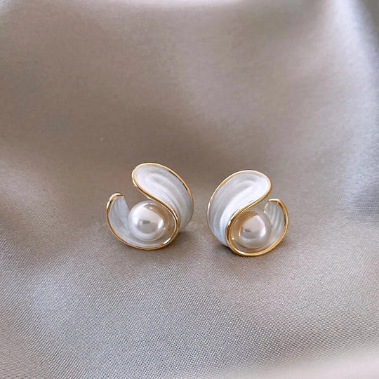 Minimalist White Opal Earrings with Pearls in Gold
