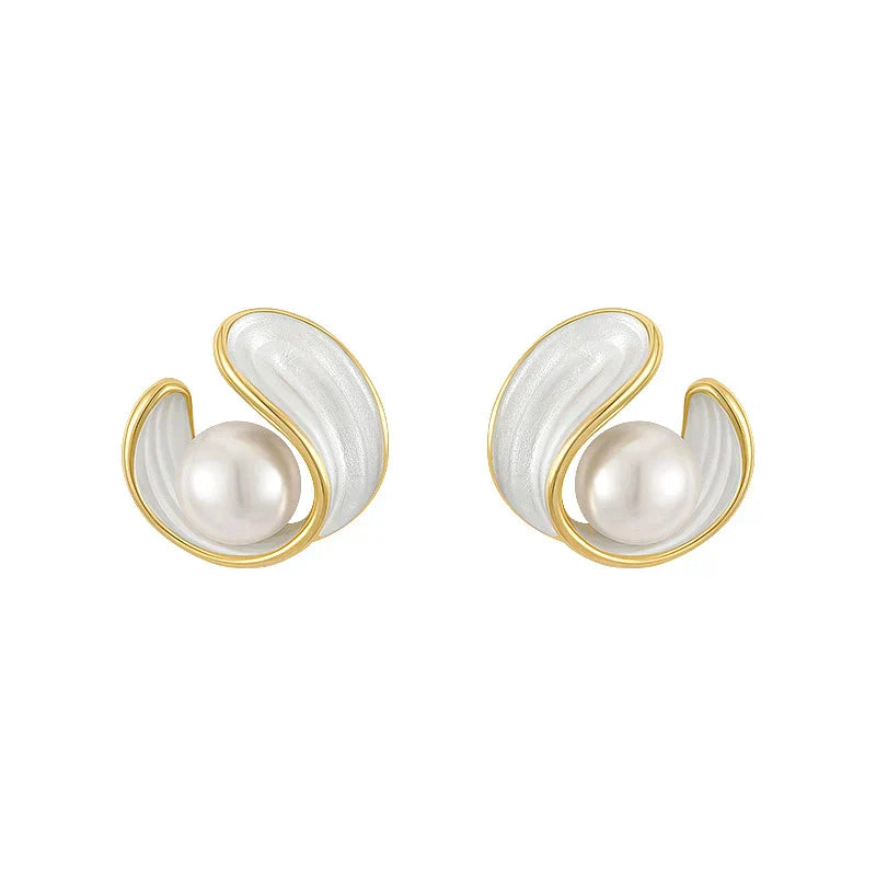Minimalist White Opal Earrings with Pearls in Gold