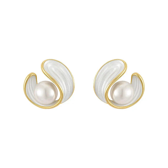 Minimalist White Opal Earrings with Pearls in Gold