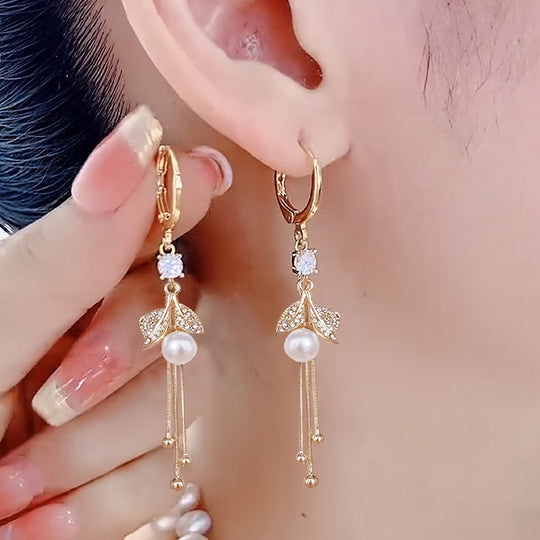Red Faux Pearl Leaf Dangle Earrings