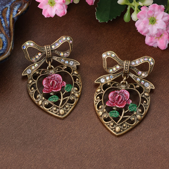 Classic Heart & Rose Bowknot Earrings