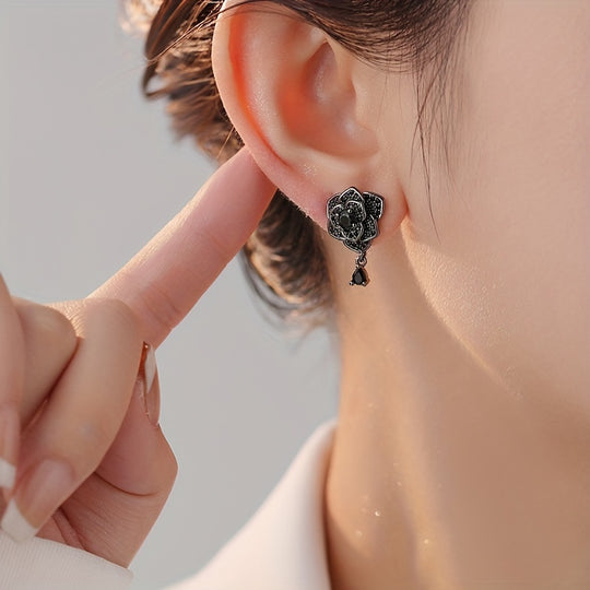 Exquisite Black Rose Zirconia Drop Earrings