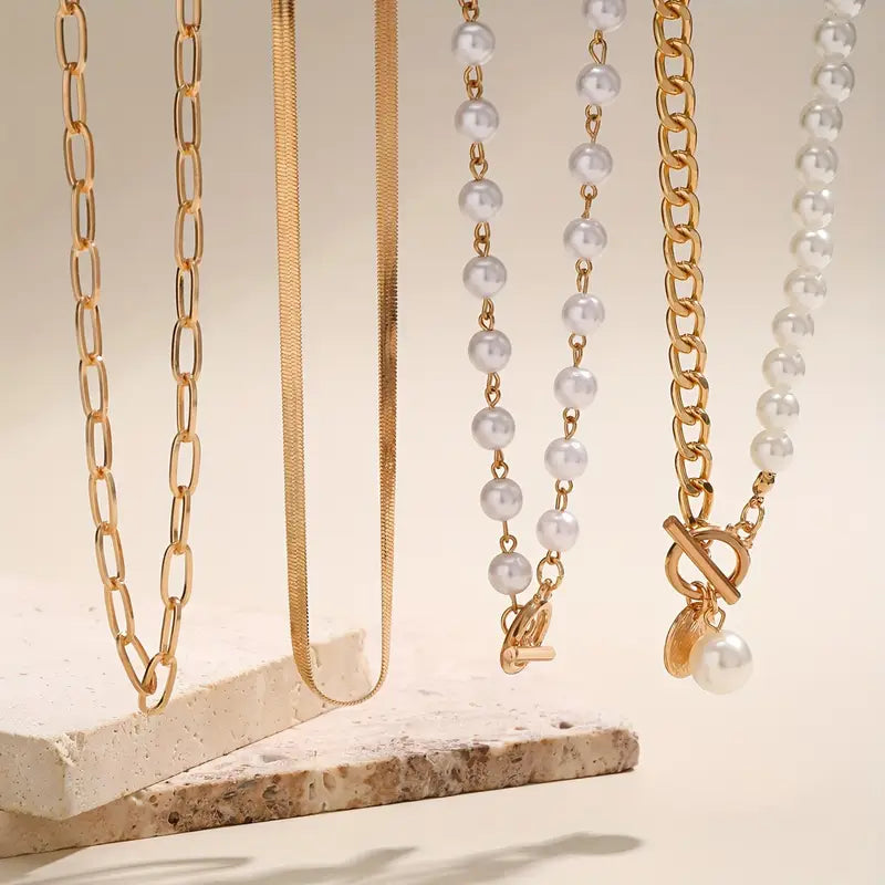 Trendy Pearl & Gold Chain Necklace Set