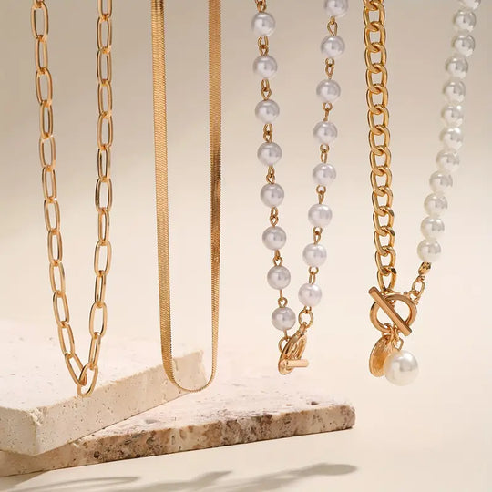 Trendy Pearl & Gold Chain Necklace Set