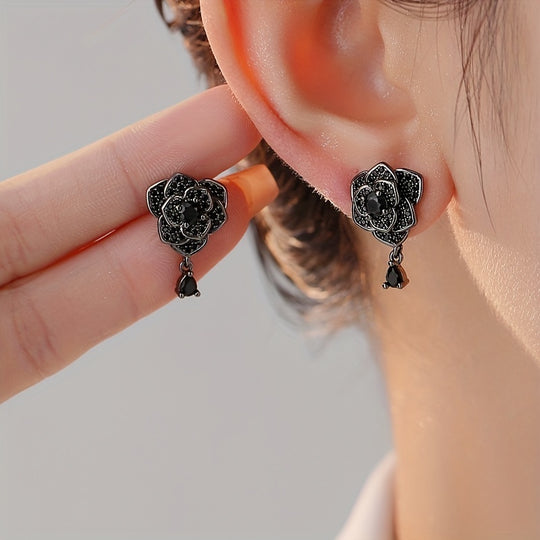 Exquisite Black Rose Zirconia Drop Earrings