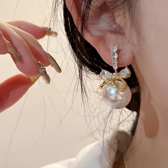 Stylish Imitation Pearl Bow Earrings