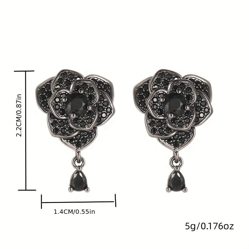 Exquisite Black Rose Zirconia Drop Earrings