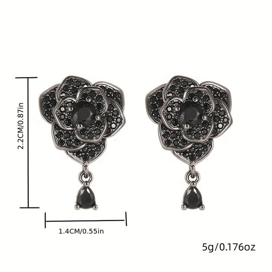 Exquisite Black Rose Zirconia Drop Earrings