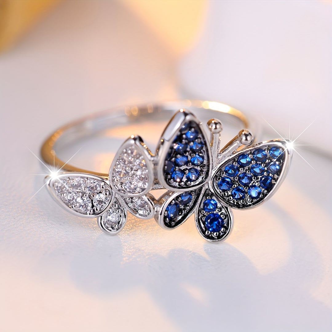 Double Butterfly Blue Zirconia Ring