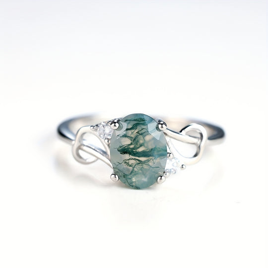 Silver Plated Moss Agate Ring