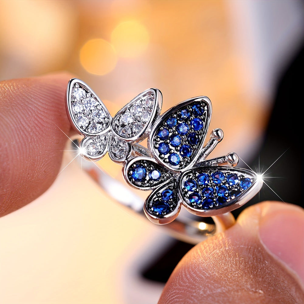 Double Butterfly Blue Zirconia Ring