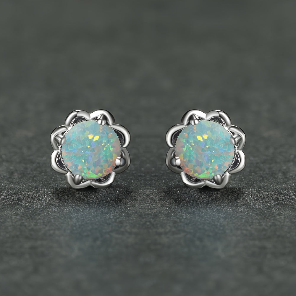 White Opal Flower Stud Earrings