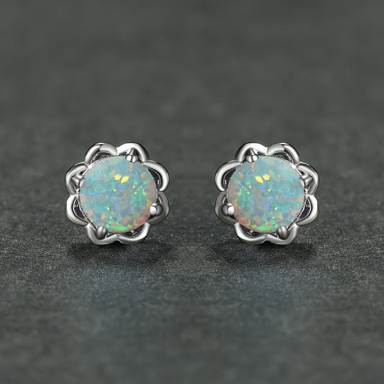 White Opal Flower Stud Earrings