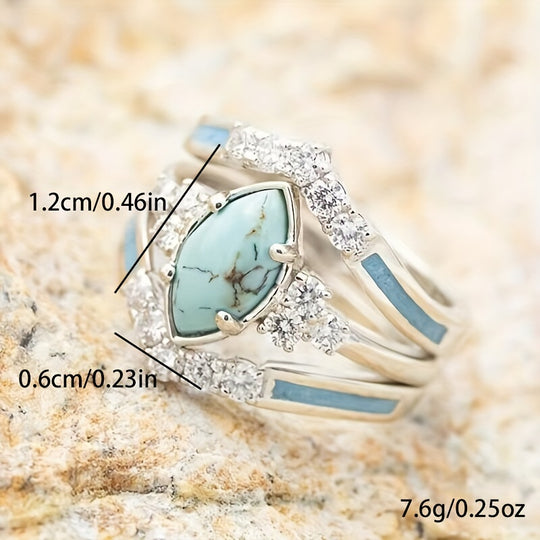 Fashionable Zirconia Oval Turquoise Ring Set