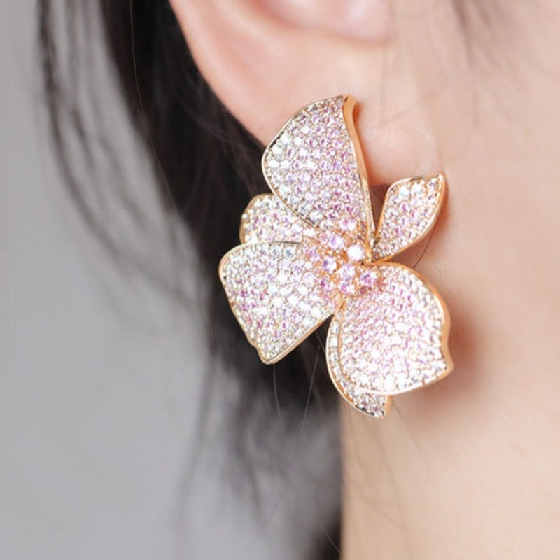 Elegant Big Floral Zirconia Stud Earrings