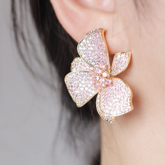 Elegant Big Floral Zirconia Stud Earrings