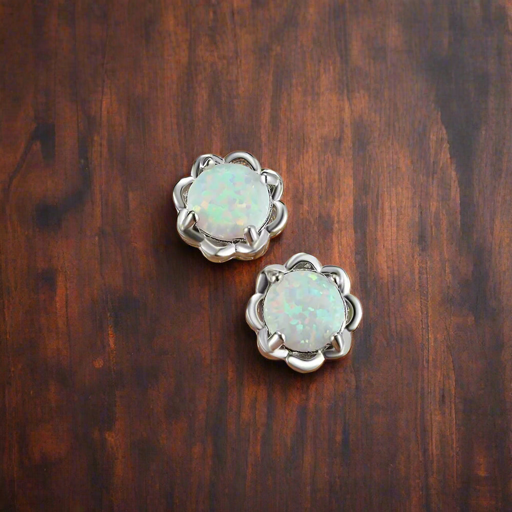 White Opal Flower Stud Earrings