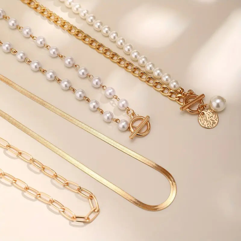 Trendy Pearl & Gold Chain Necklace Set