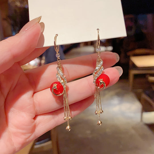Red Faux Pearl Leaf Dangle Earrings
