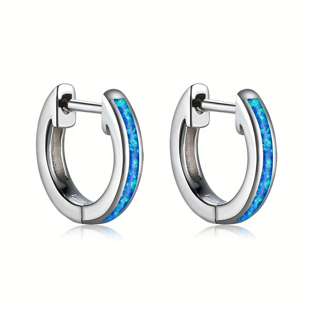 Classic Inlaid Blue Opal Hoop Earrings