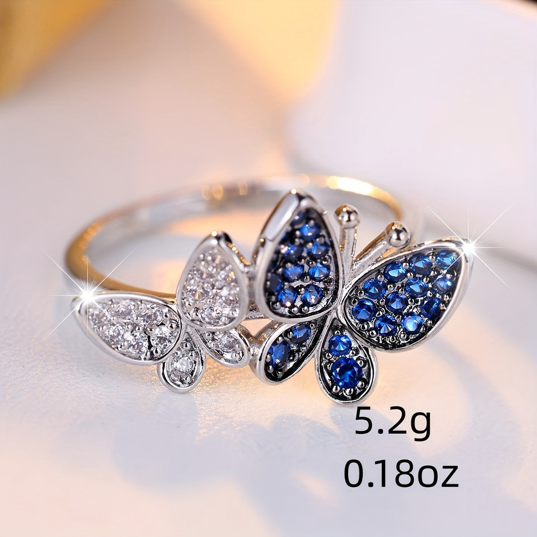 Double Butterfly Blue Zirconia Ring