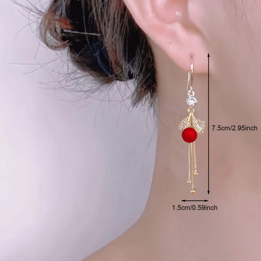 Red Faux Pearl Leaf Dangle Earrings
