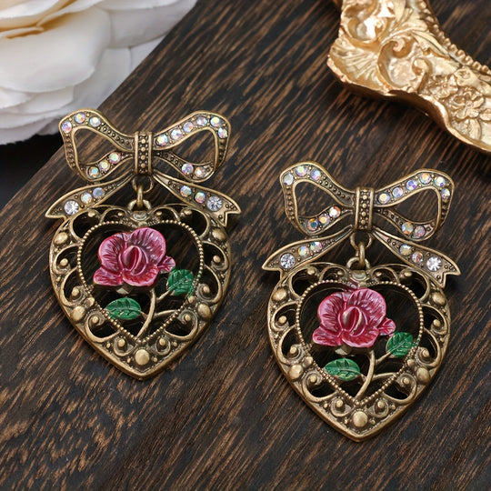 Classic Heart & Rose Bowknot Earrings