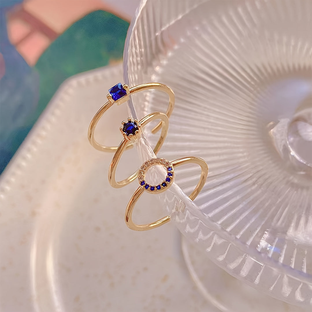 Dainty Blue Gemstone Open Ring Set